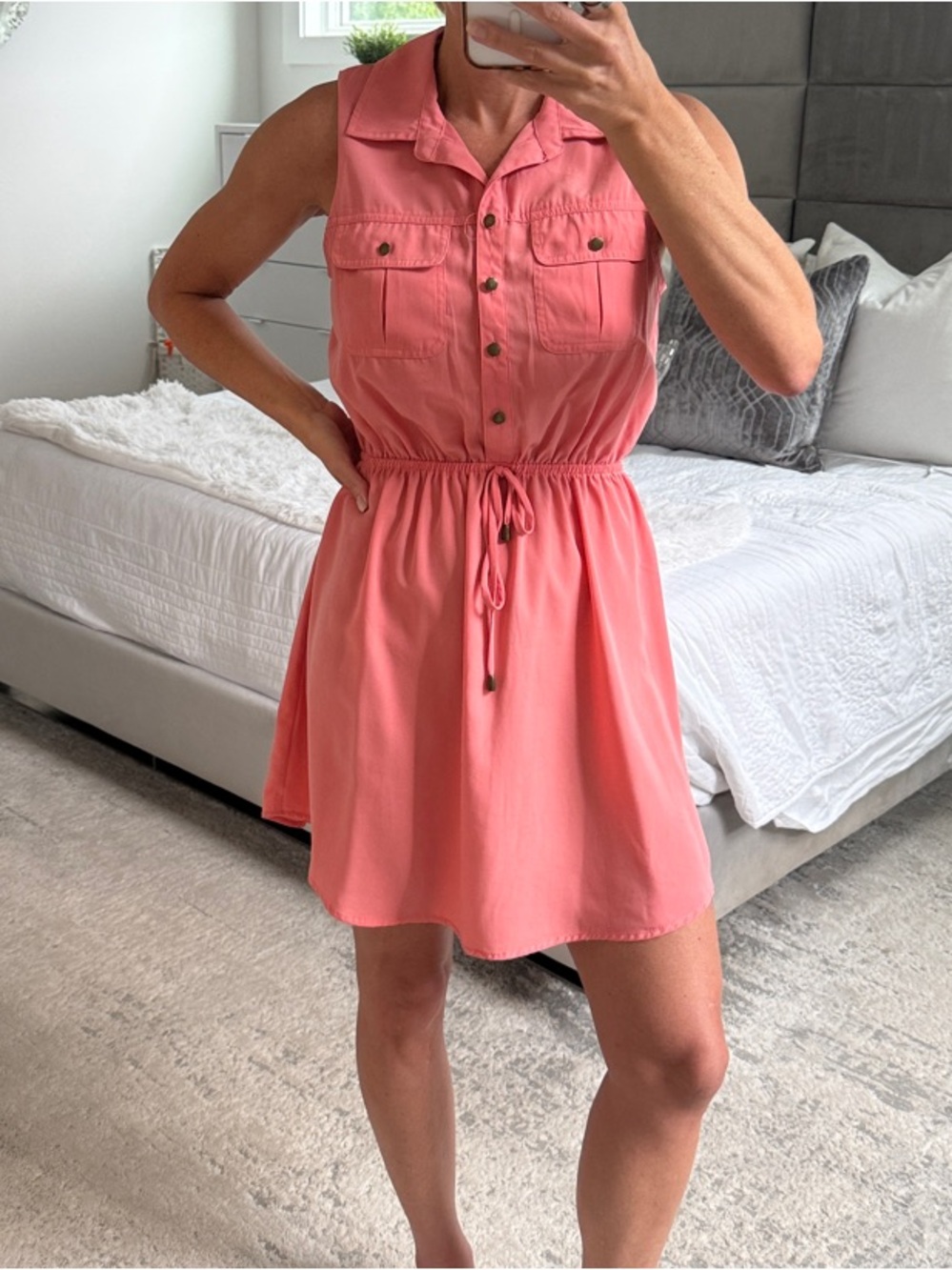 BeBop Coral Pink Sleeveless Button-Front Drawstring Mini Dress